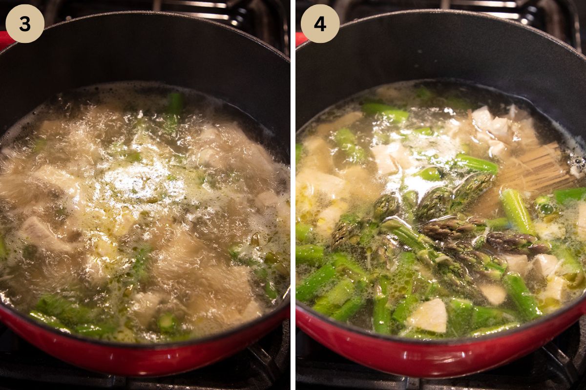 collage of two pictures of boiling soup and adding noodles.