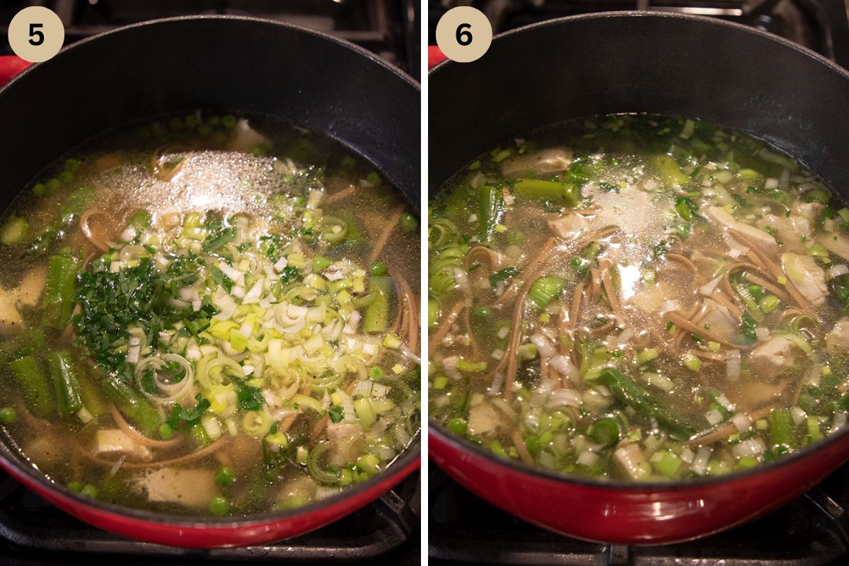 collage of two pictures of adding shredded leeks and cooking them in chicken soup.