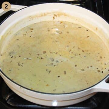 adding coconut milk to pot to make asparagus curry.