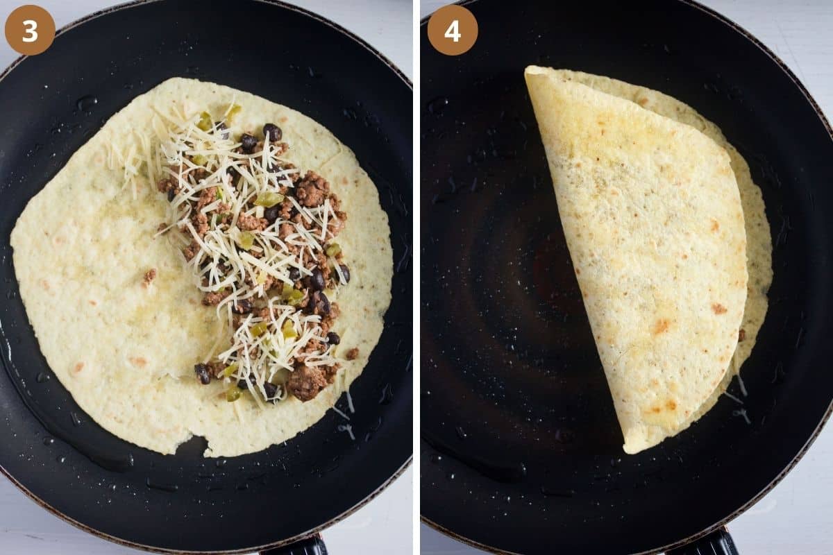 collage of two pictures of filling and frying a quesadilla in the pan.