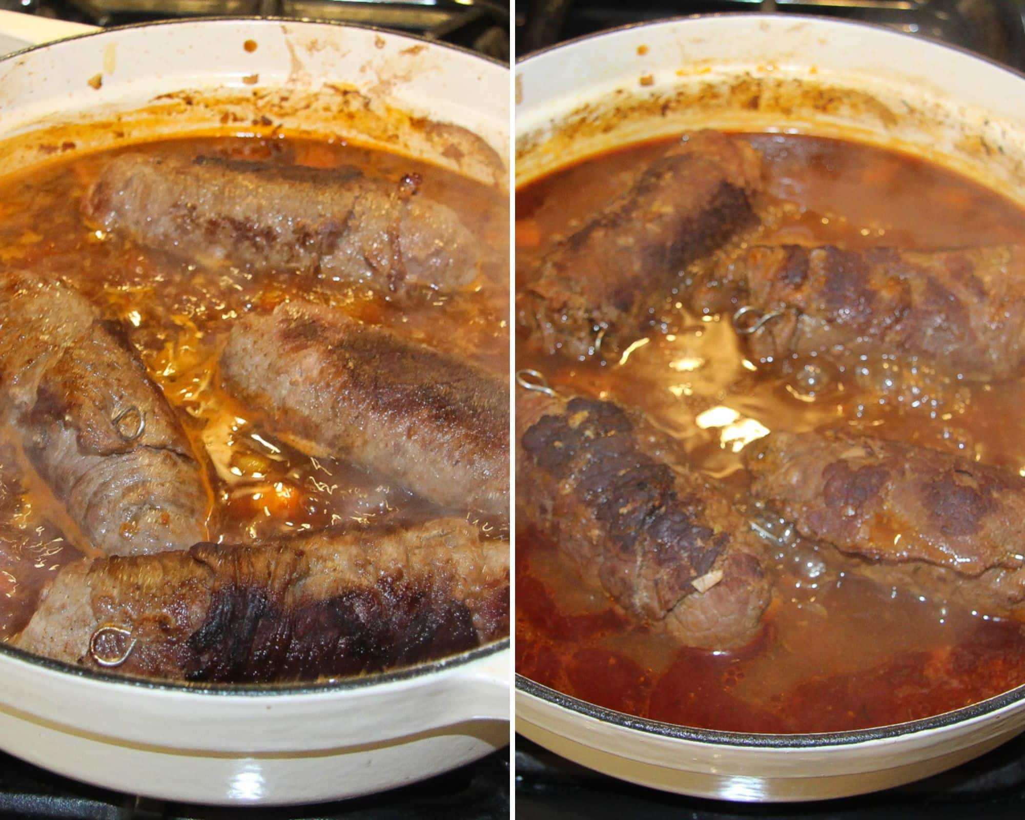 collage of two pictures of cooking german roulades in sauce in a large pot. 