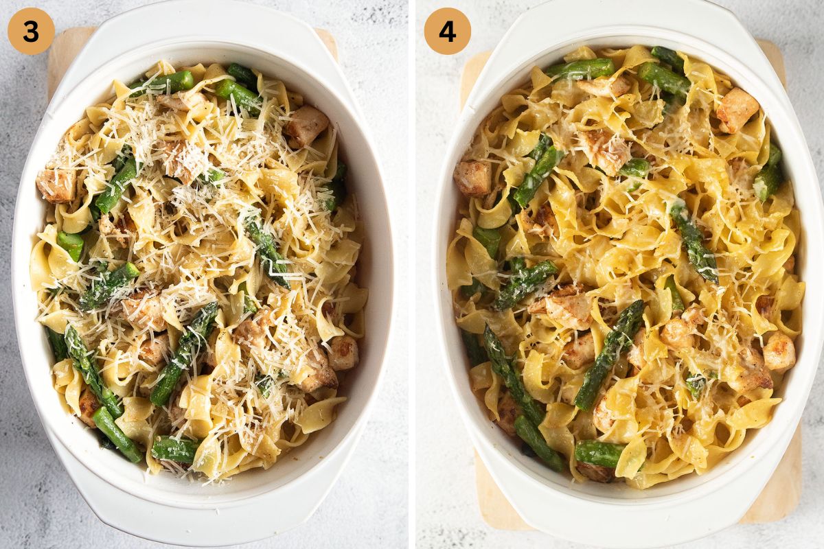 collage of two pictures of pasta bake with chicken and asparagus before and after baking.