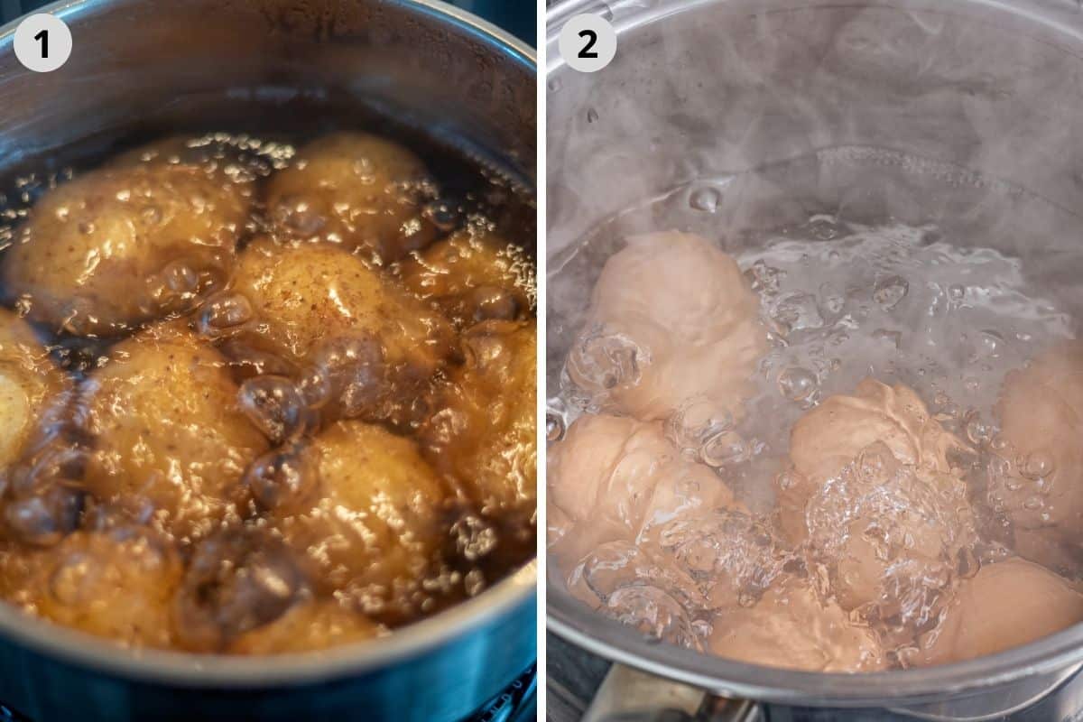 collage of two pictures of cooking potatoes and eggs in pots of boiling water.