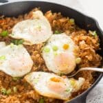 pinterest image with the title kimchi fried rice with bacon.