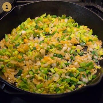 sauteing vegetables for making kimchi rice with bacon and eggs.