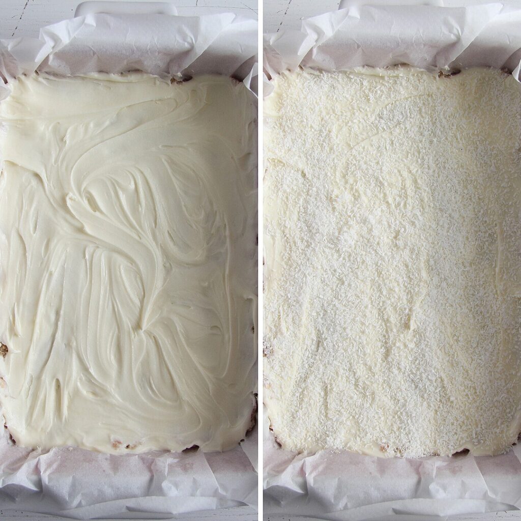 frosting a cake in a baking dish