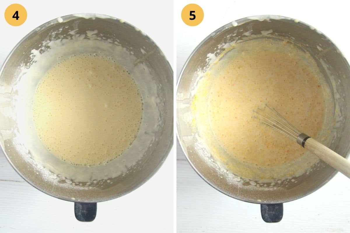 collage of two pictures of mixing batter for cake.