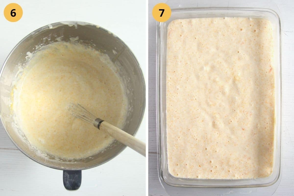 collage of two pictures of cake batter and batter in a baking dish.
