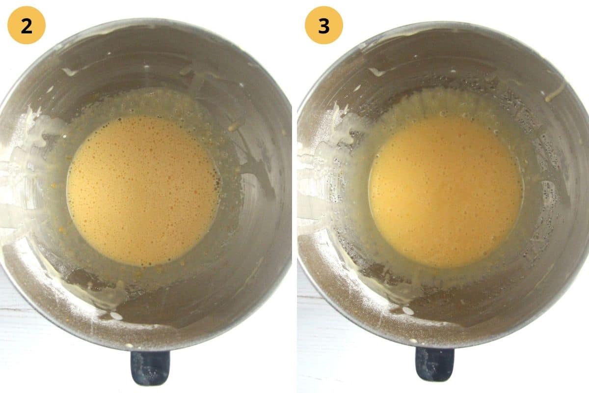 collage of two pictures of beating egg yolks for batter.