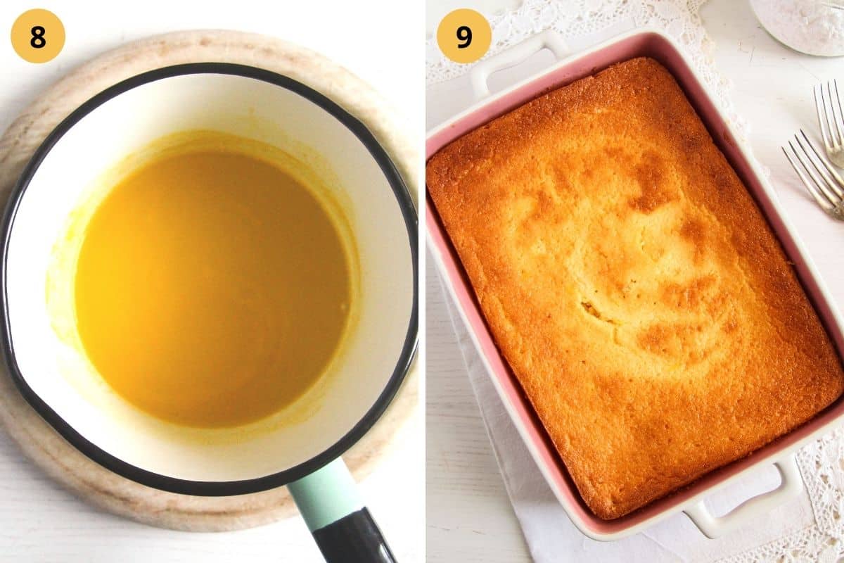 collage of two pictures of making orange syrup and soaking a cake.