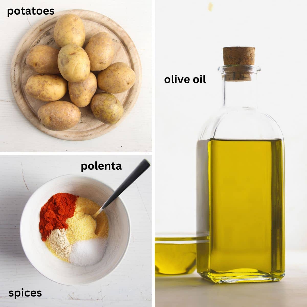 collage of three pictures showing potatoes, spices, polenta and olive oil.