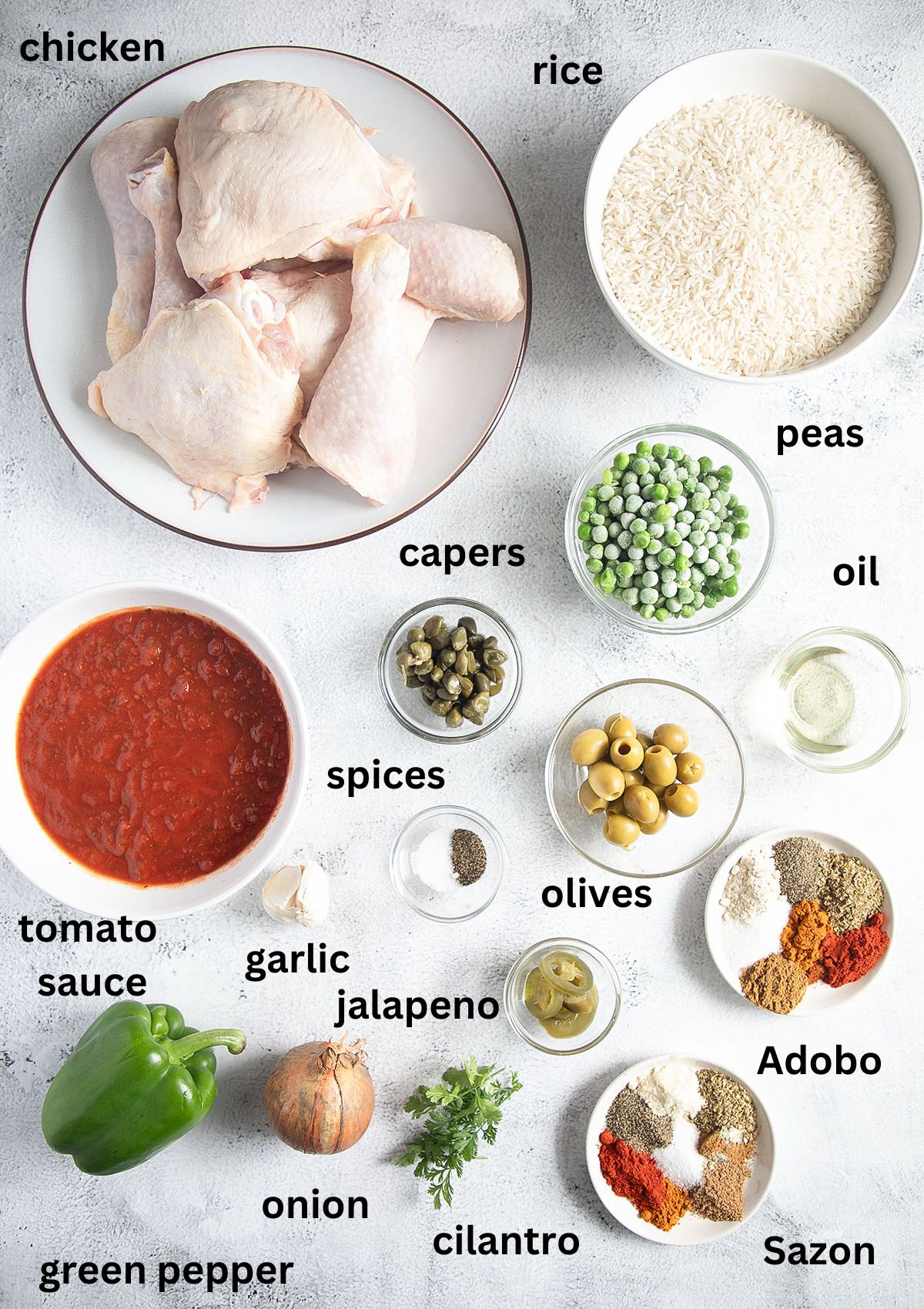 labeled ingredients for making rice with chicken legs, tomato sauce, olives, peas and sofrito.