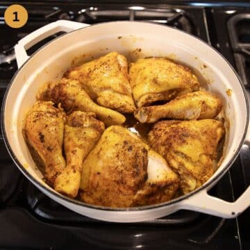 searing chicken thighs and drumsticks in a large dutch oven.