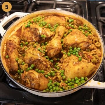 adding peas to chicken and rice in a pot.