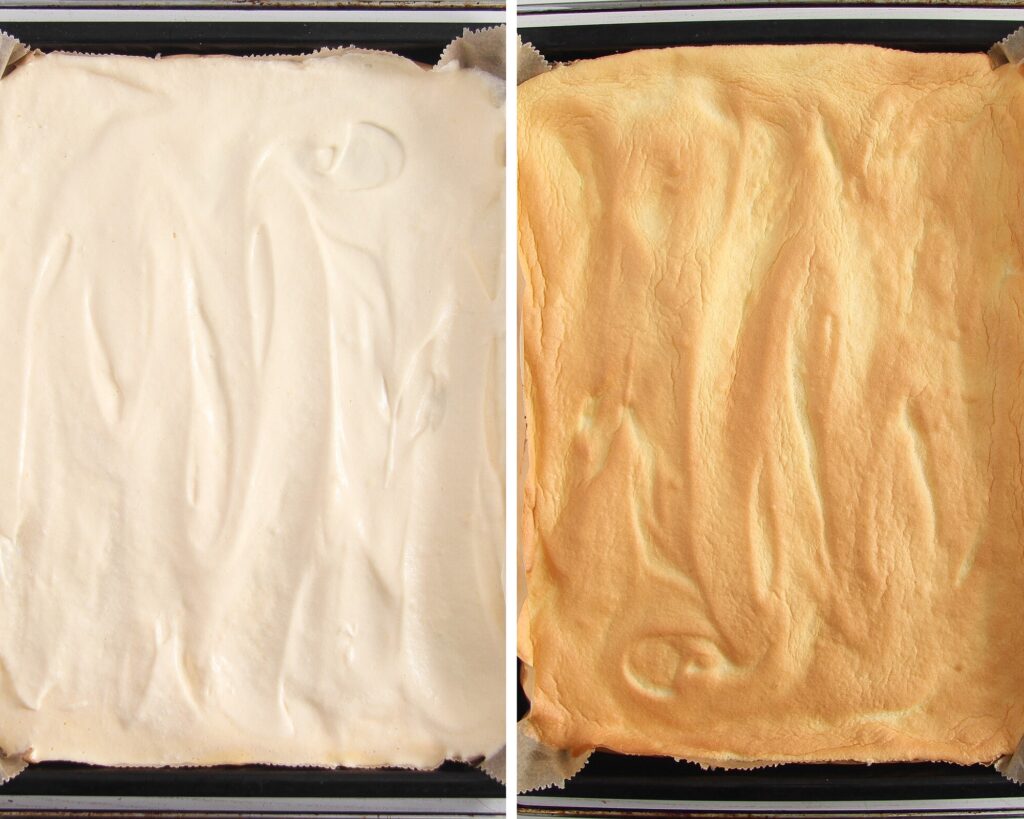 unbaked batter and baked sponge on baking tray