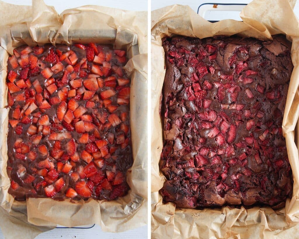 chocolate cake before and after baking