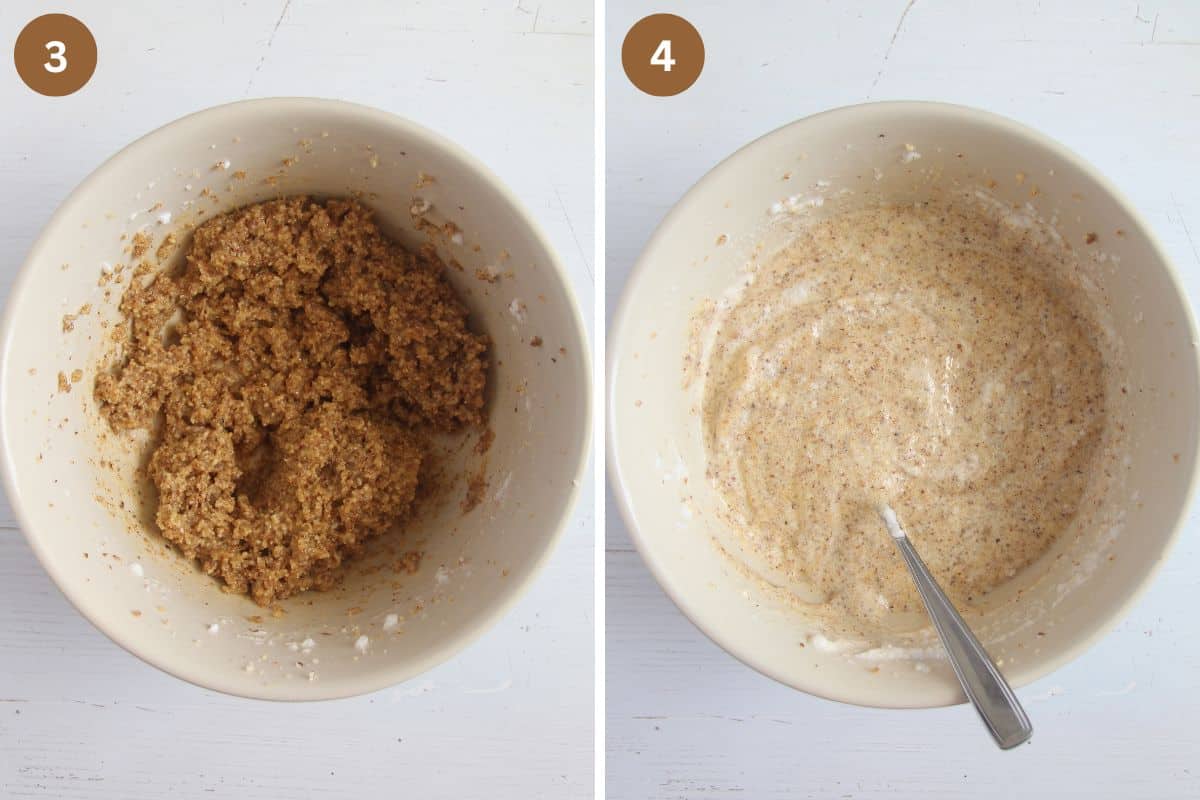 collage of two pictures of add egg whites gradually to cake batter.