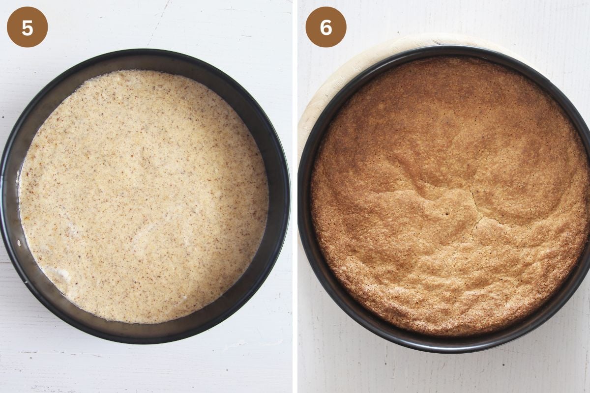 collage of two pictures of cake batter before and after baking in a springform.