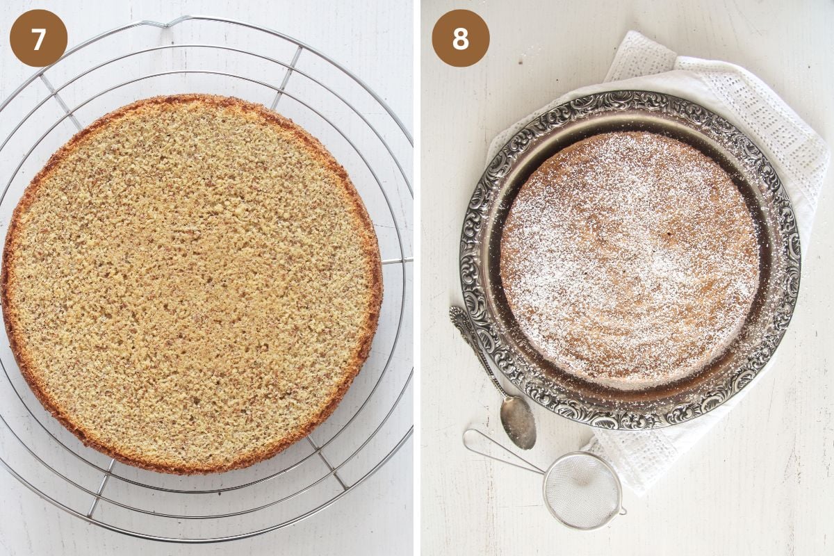 collage of two pictures of almond cake before and after sprinkling with icing sugar.