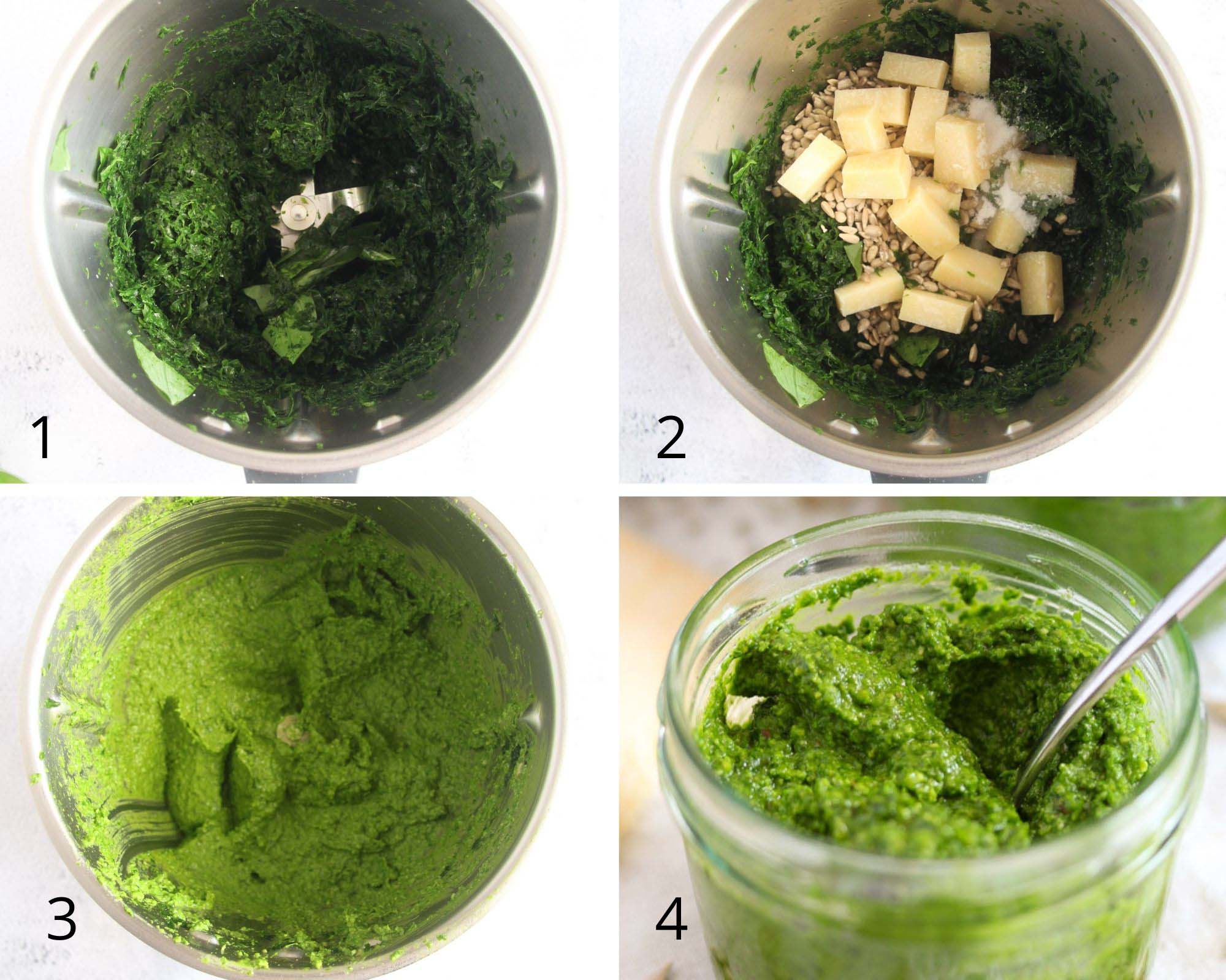 collage of four pictures of making pesto in thermomix.
