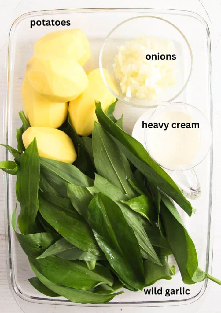 labeled ingredients for making wild garlic potato soup.