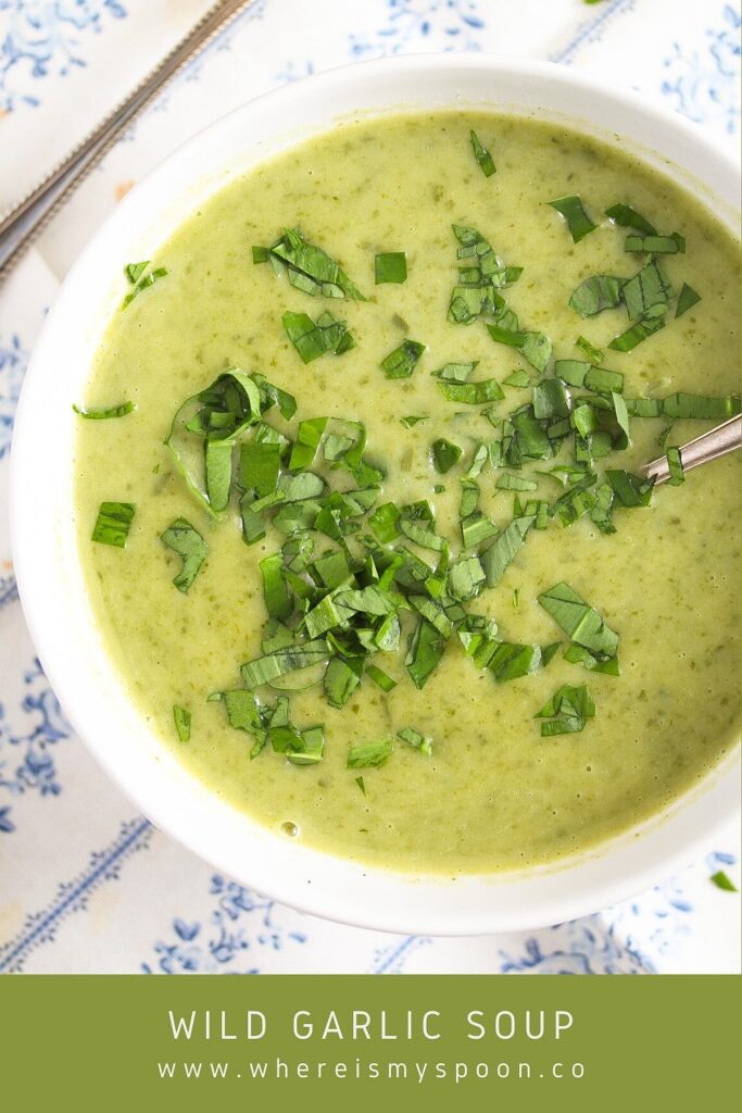 creamy green soup on a white blue tablecloth