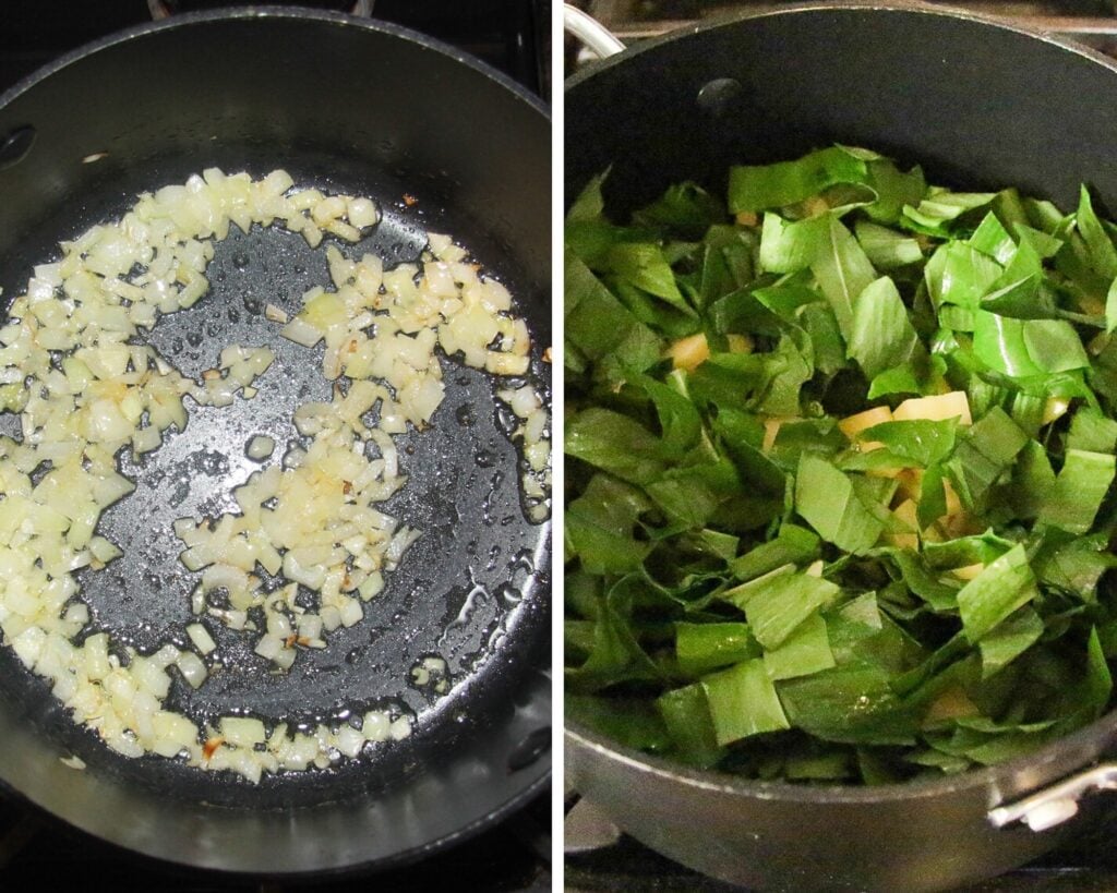 frying onions in a black pot