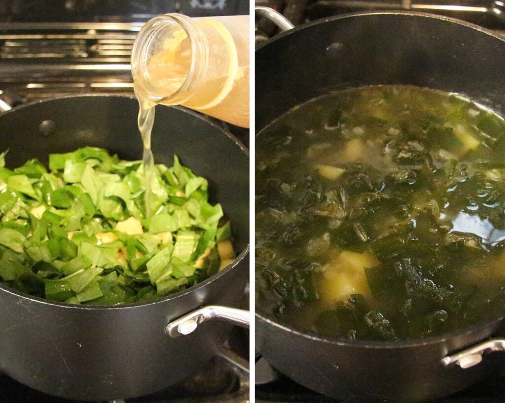 pouring chicken stock into a pan