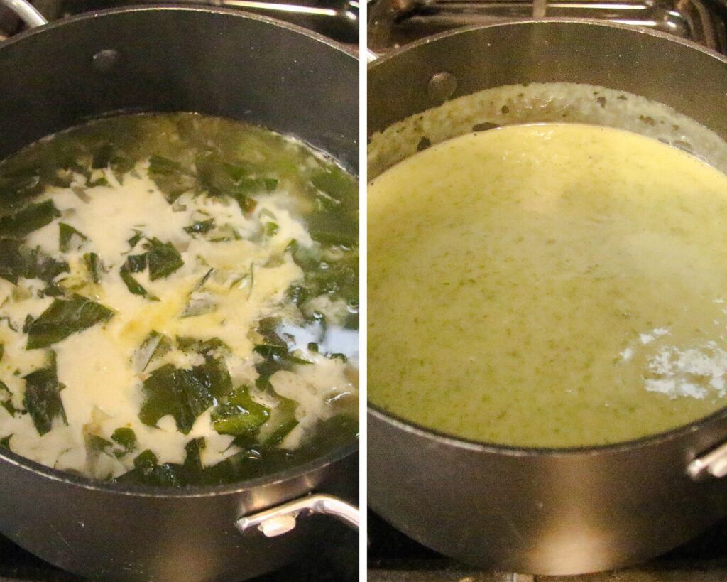 adding cream and blending soup