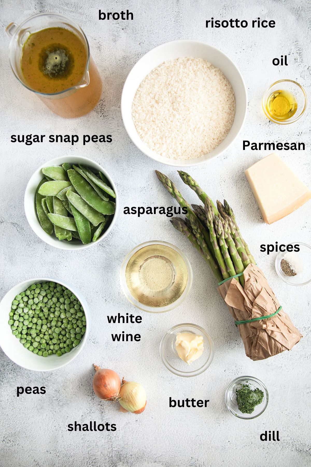 listed ingredients for making risotto with snap peas, asparagus, and parmesan.