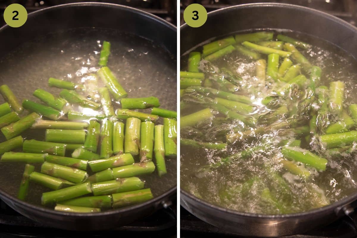 collage of two pictures of boiling chopped asparagus in a skillet.