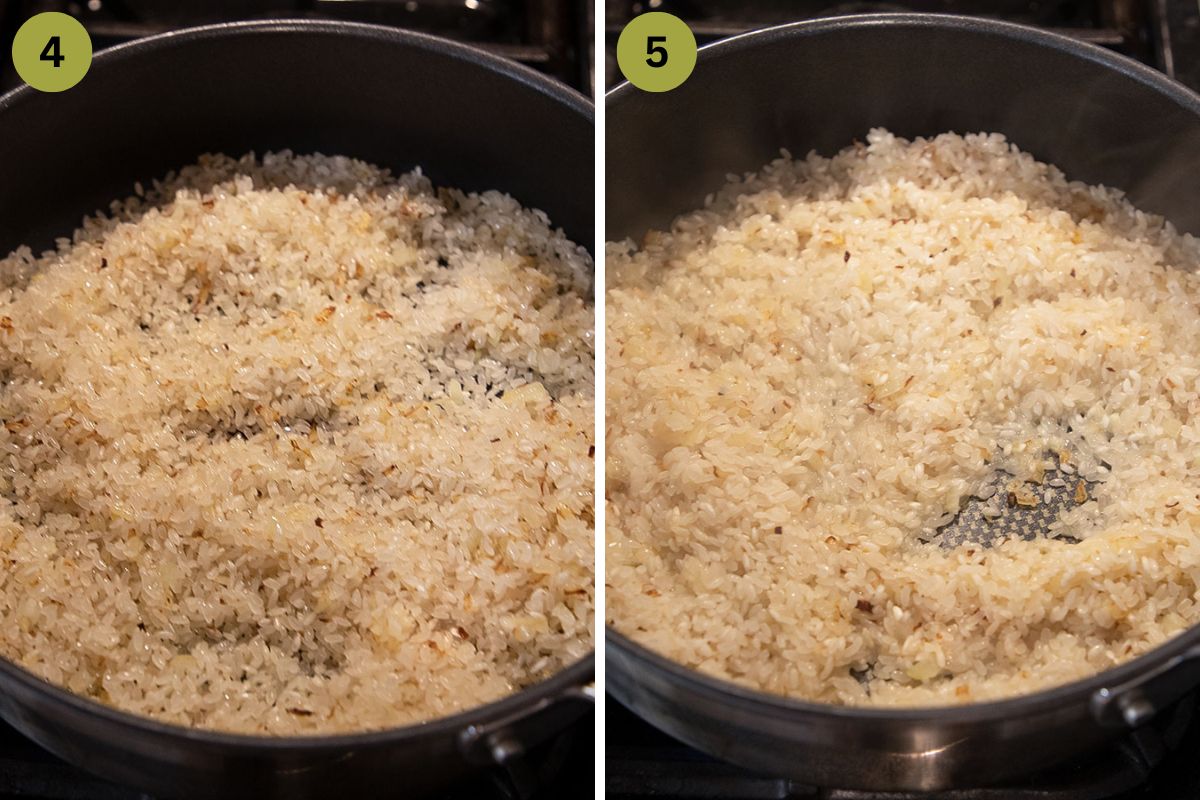 collage of two pictures of toasting risotto rice in a skillet.