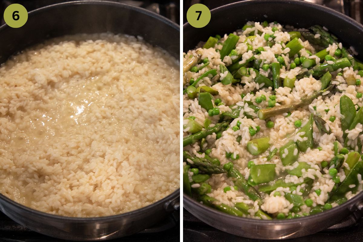 collage of two pictures of cooking risotto and adding pea and asparagus.