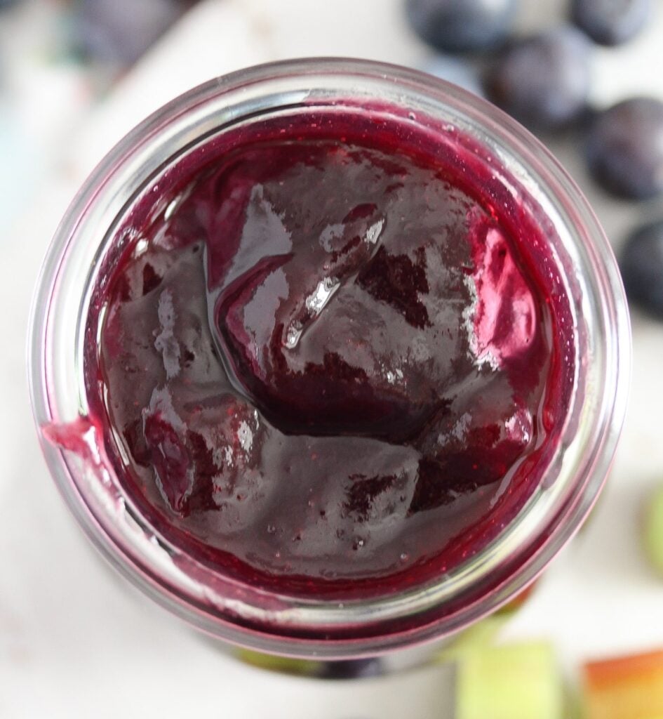 blueberry rhubarb jam in a jar seen from above