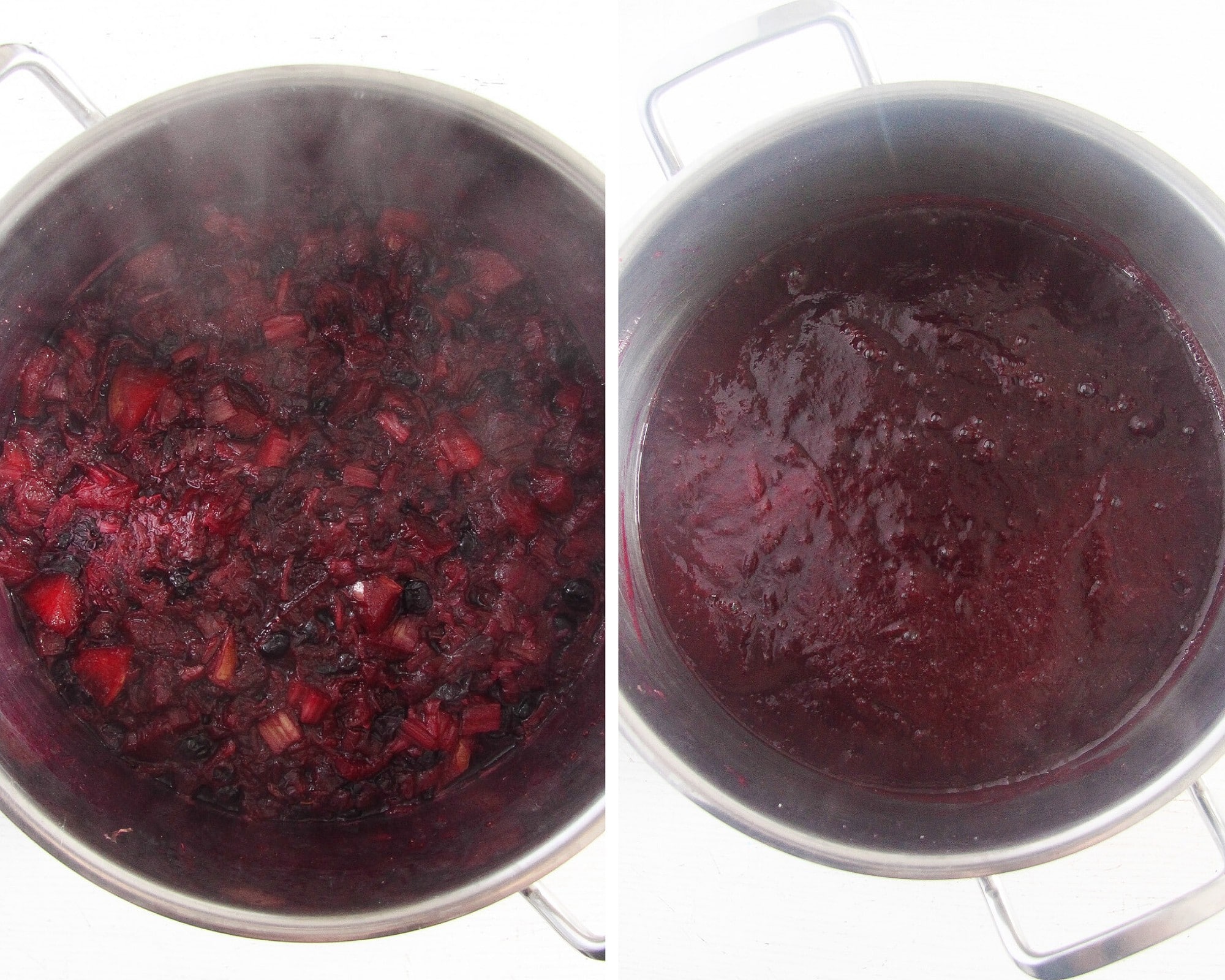 cooked and blended fruit for making preserves in a large pot