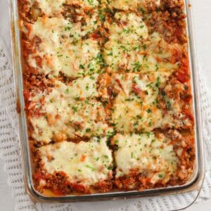 greek yogurt lasagna, cheesy and sprinkled with parsley.