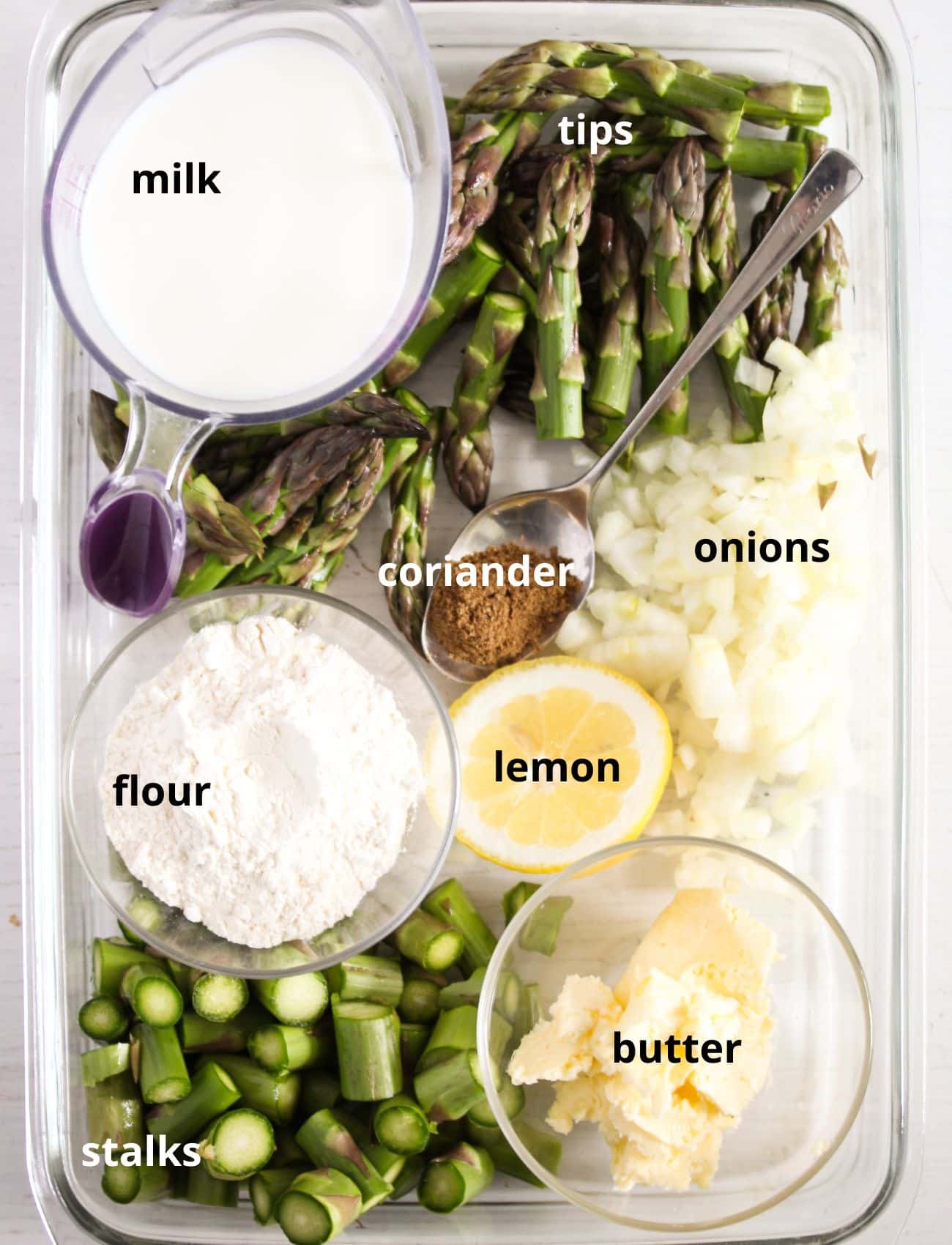 listed ingredients for making asparagus soup.