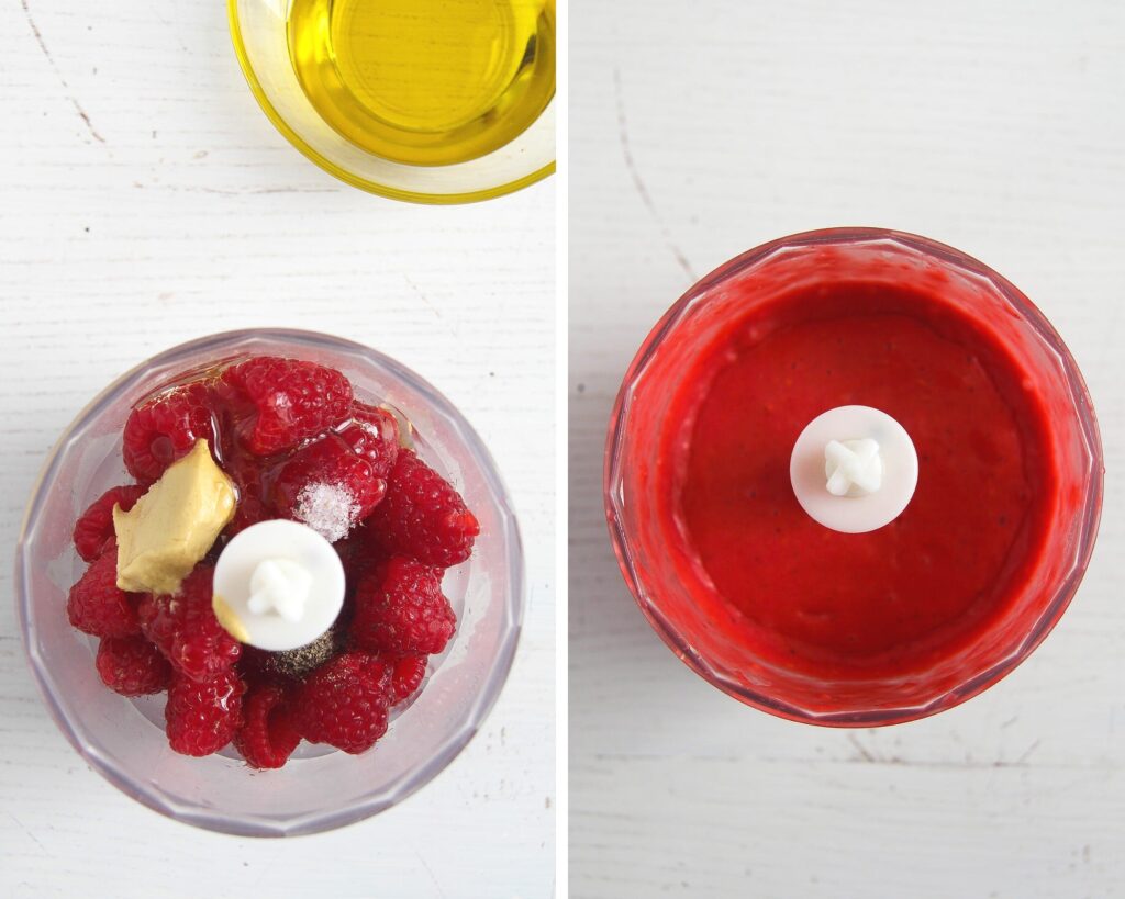 small blender with raspberries and dressing in it