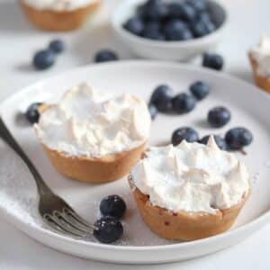 two mini blueberry tarts on a plate and fresh blueberries around them.