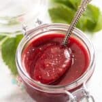 pinterest image with title for raspberry rhubarb jam.