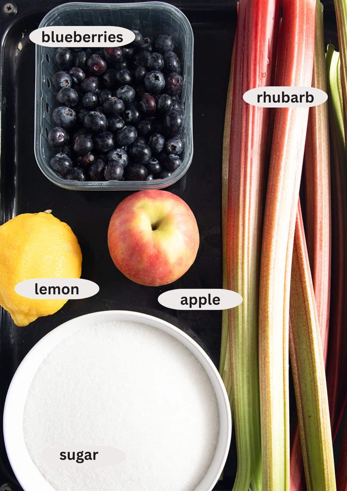 labeled ingredients for making rhubarb blueberry jam.