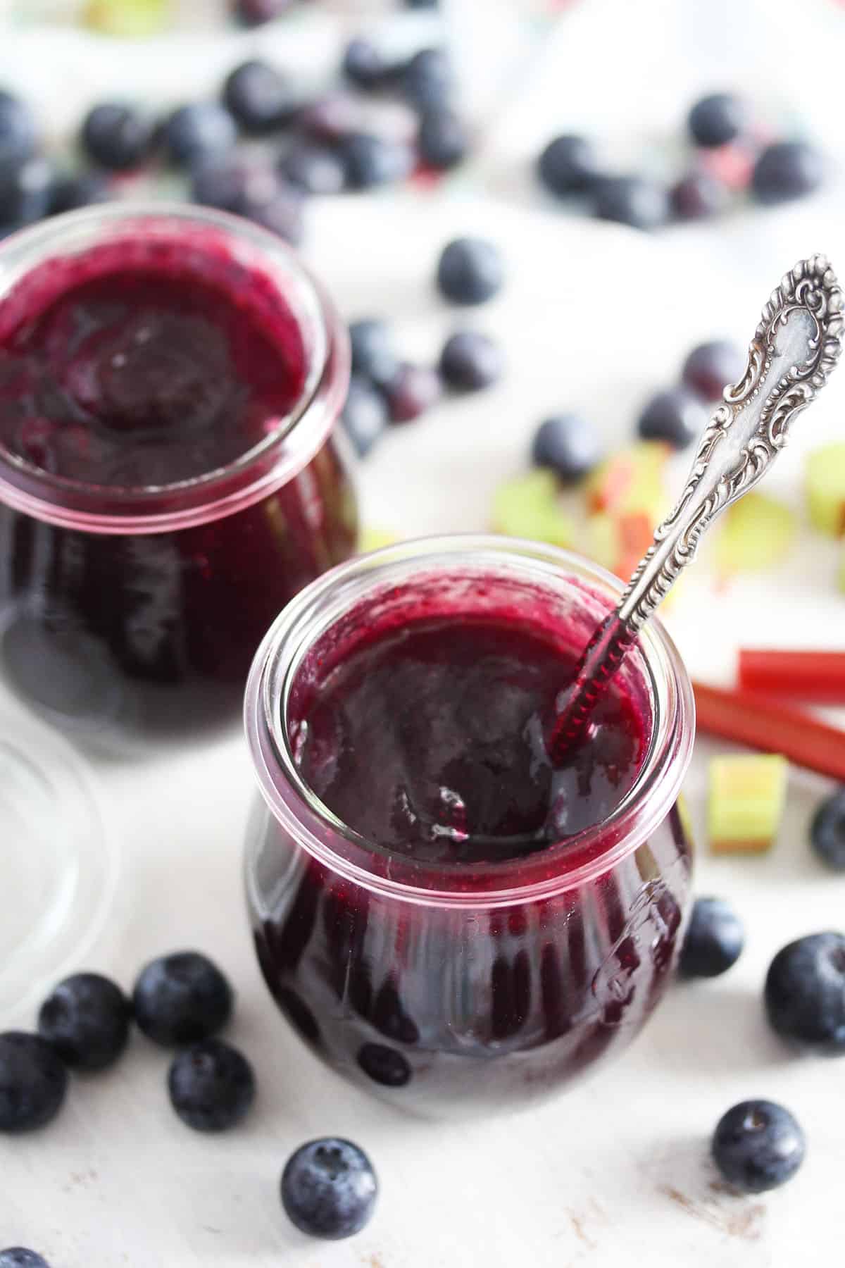 two small jars of blueberry and rhubarb jam and blueberries around them.