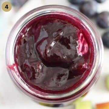 jar of jam with blueberries and rhubarb.