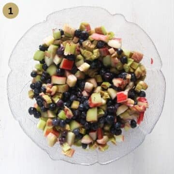 blueberries and chopped rhubarb mixed with sugar in a bowl to make jam.