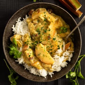 rhubarb chicken curry served with rice in a bowl.