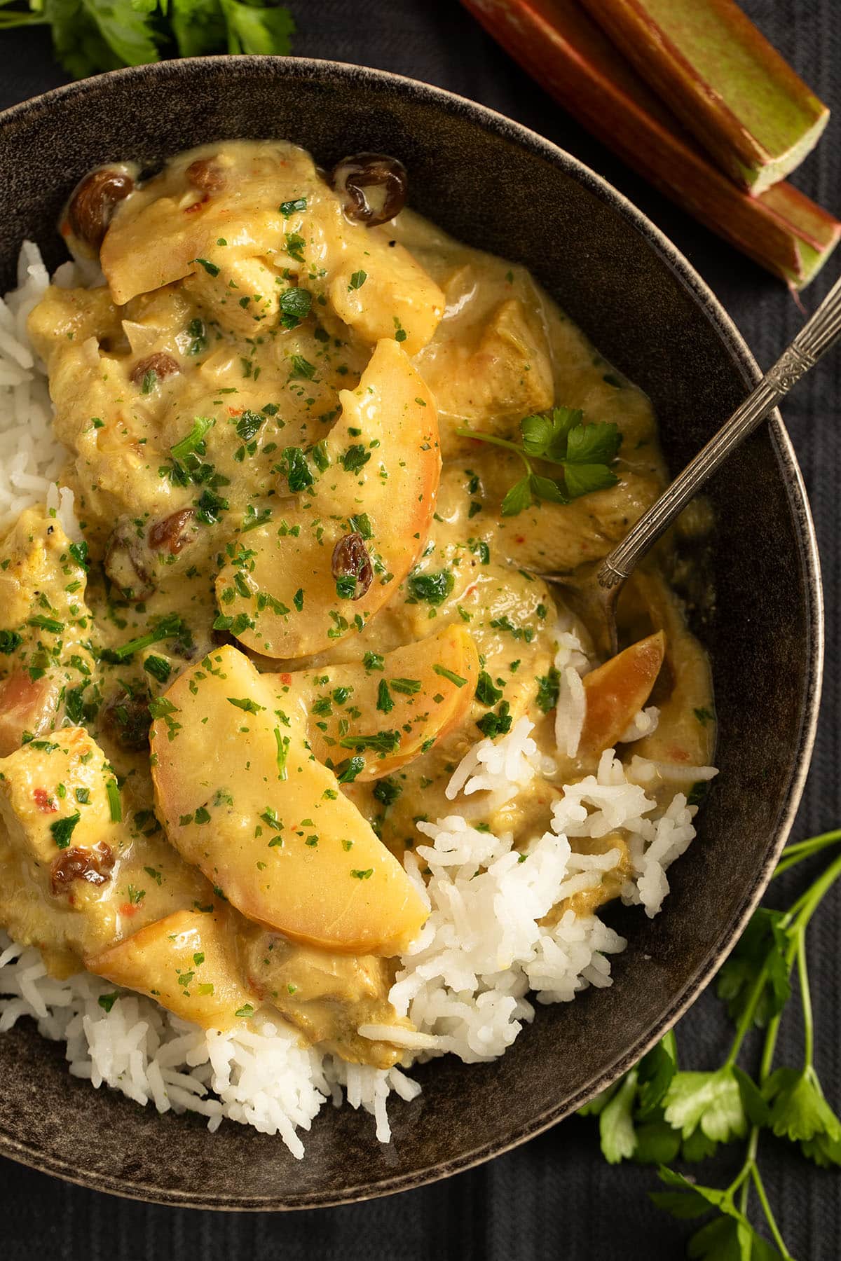 a bowl of chicken curry with rhubarb served over rice.