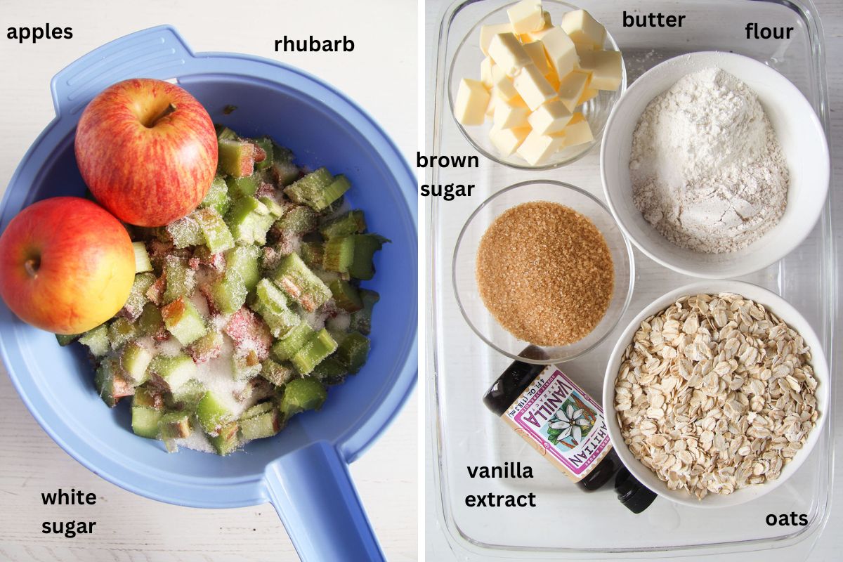 collage of two pictures of listed ingredients for making a crisp with oats, rhubarb and apples.