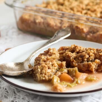 apple rhubarb crisp served on a small white vintage plate.