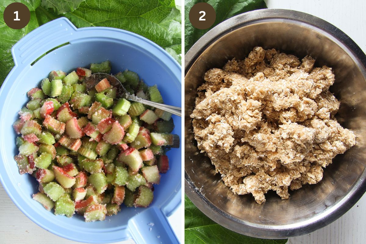collage of two pictures of chopped rhubarb in a bowl and crisp in another bowl.