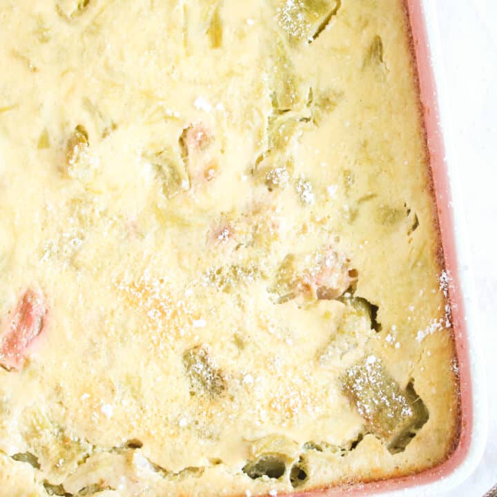 close up image of nigella's rhubarb custard in a baking dish with a spoon beside it.